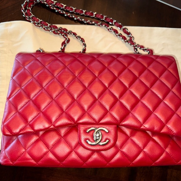 CHANEL Classic Maxi Double Flap Red Caviar on Silver W/Card GREAT CONDITION!!! - Picture 1 of 15